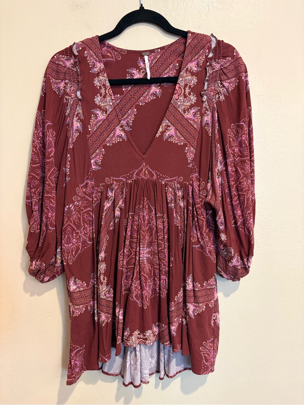 Free People Mauve Girl Talk Tunic Blouse, with Light Pink Paisley Design, Size S